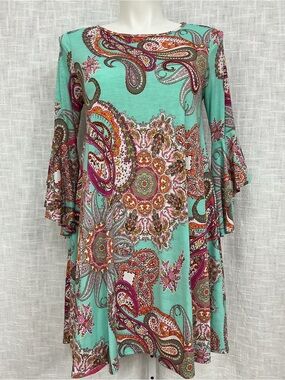 Beeson River Aqua Paisley Print Top with Pink and Orange Accents